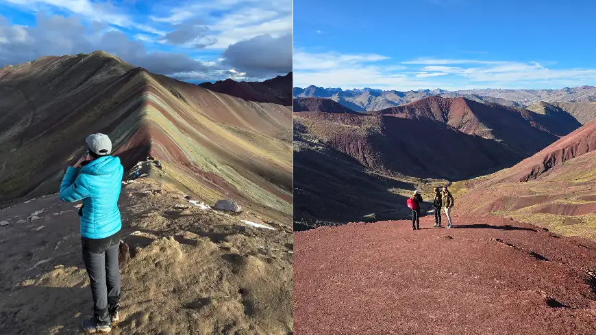 Travelers hiking from Vinicunca to Red Valley Peru
