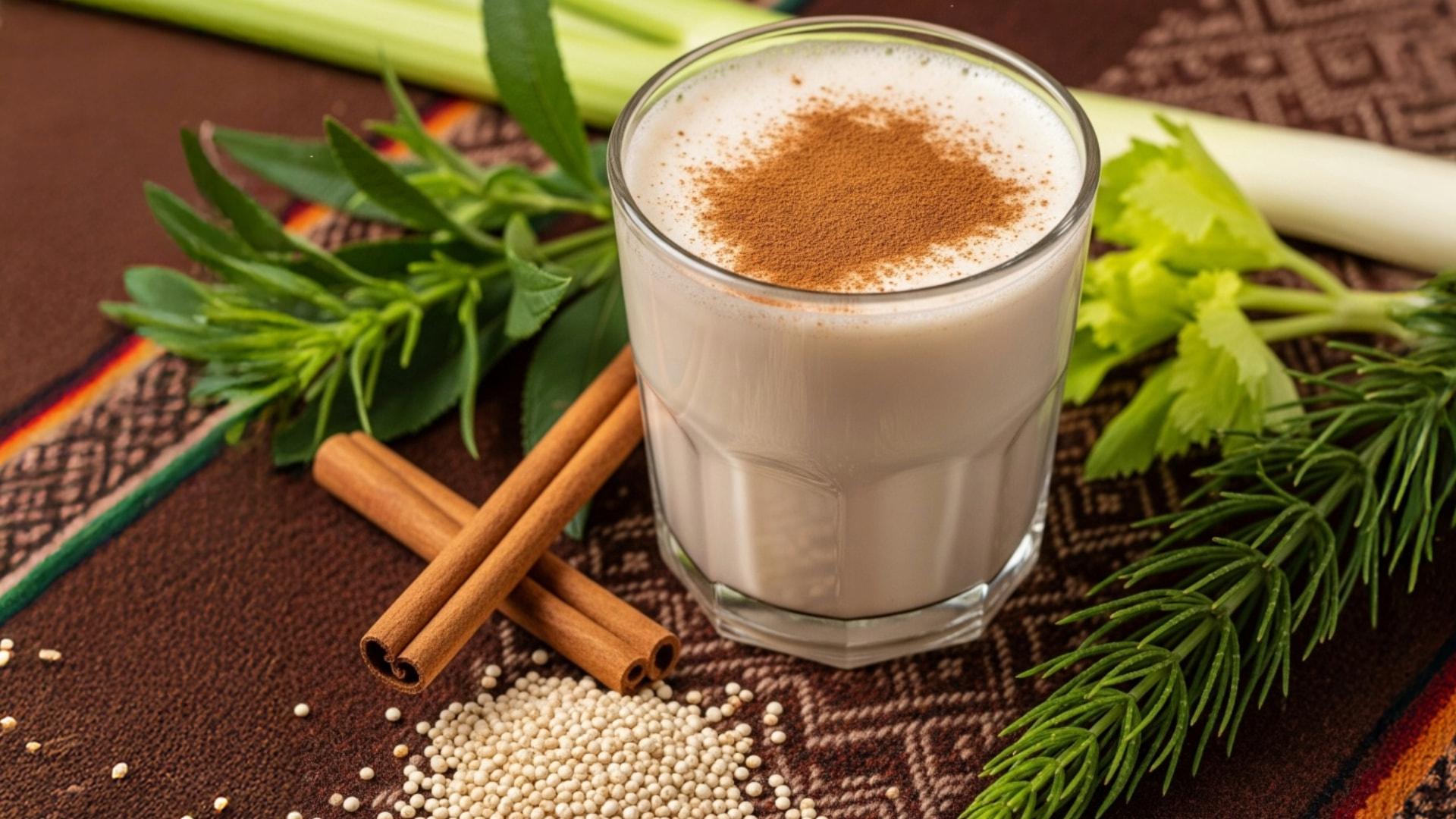 Creamy Andean drink topped with cinnamon, surrounded by grains, herbs, and spices like quinoa, celery, and rosemary – Magical Cusco Travel Agency