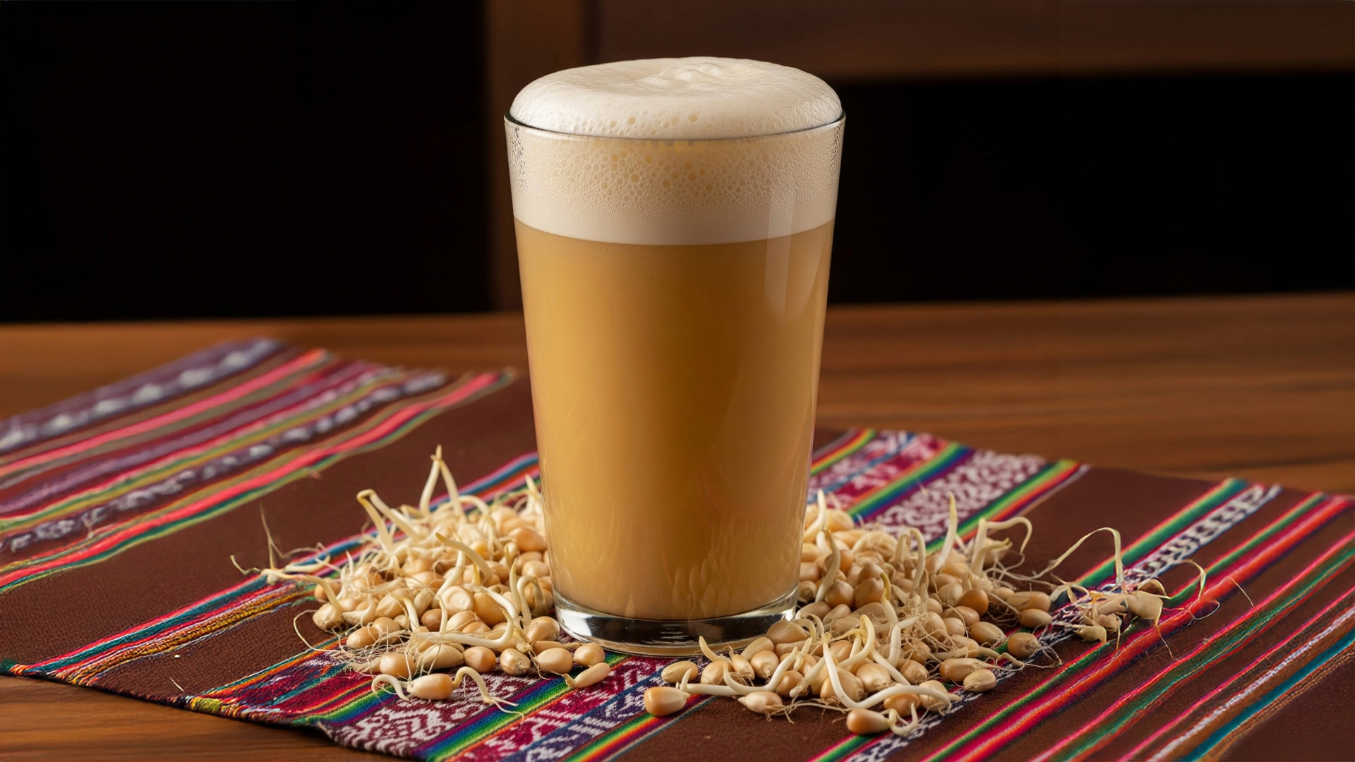Glass of frothy Andean drink resting on colorful textile, surrounded by sprouted grains and vibrant cultural patterns – Magical Cusco Travel Agency