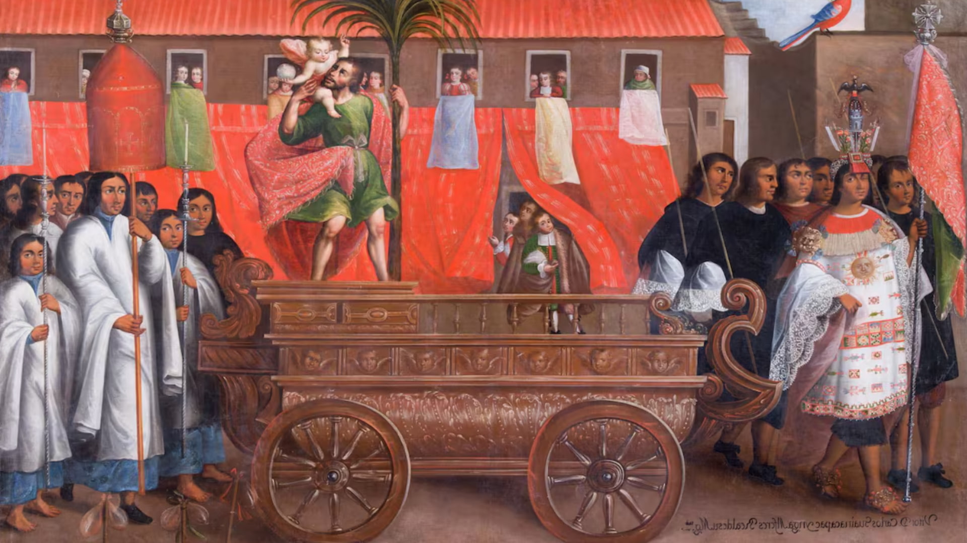 Colonial-era painting depicting a historic Corpus Christi procession in Cusco, showing religious figures on ornate floats accompanied by marching figures, including indigenous leaders and Spanish officials - Magical Cusco Travel Agency.