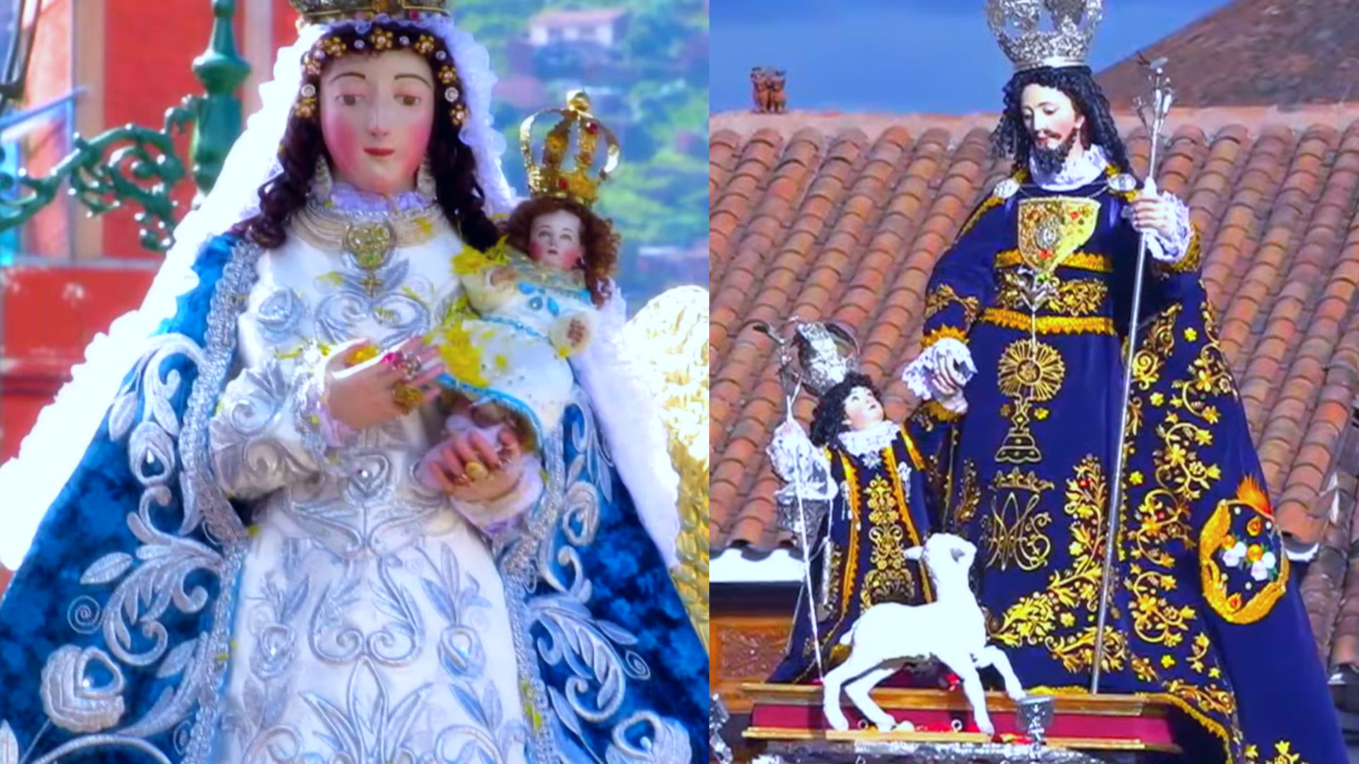 Two intricately adorned religious statues, one of the Virgin Mary with baby Jesus and another of a male saint, ready for procession during a major religious festival in Cusco - Magical Cusco Travel Agency.