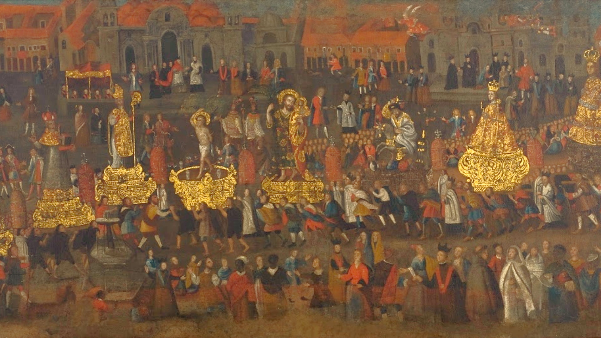 A detailed colonial painting illustrating the elaborate Corpus Christi procession in Cusco, with multiple saints on gilded platforms being carried through a crowded city square - Magical Cusco Travel Agency.