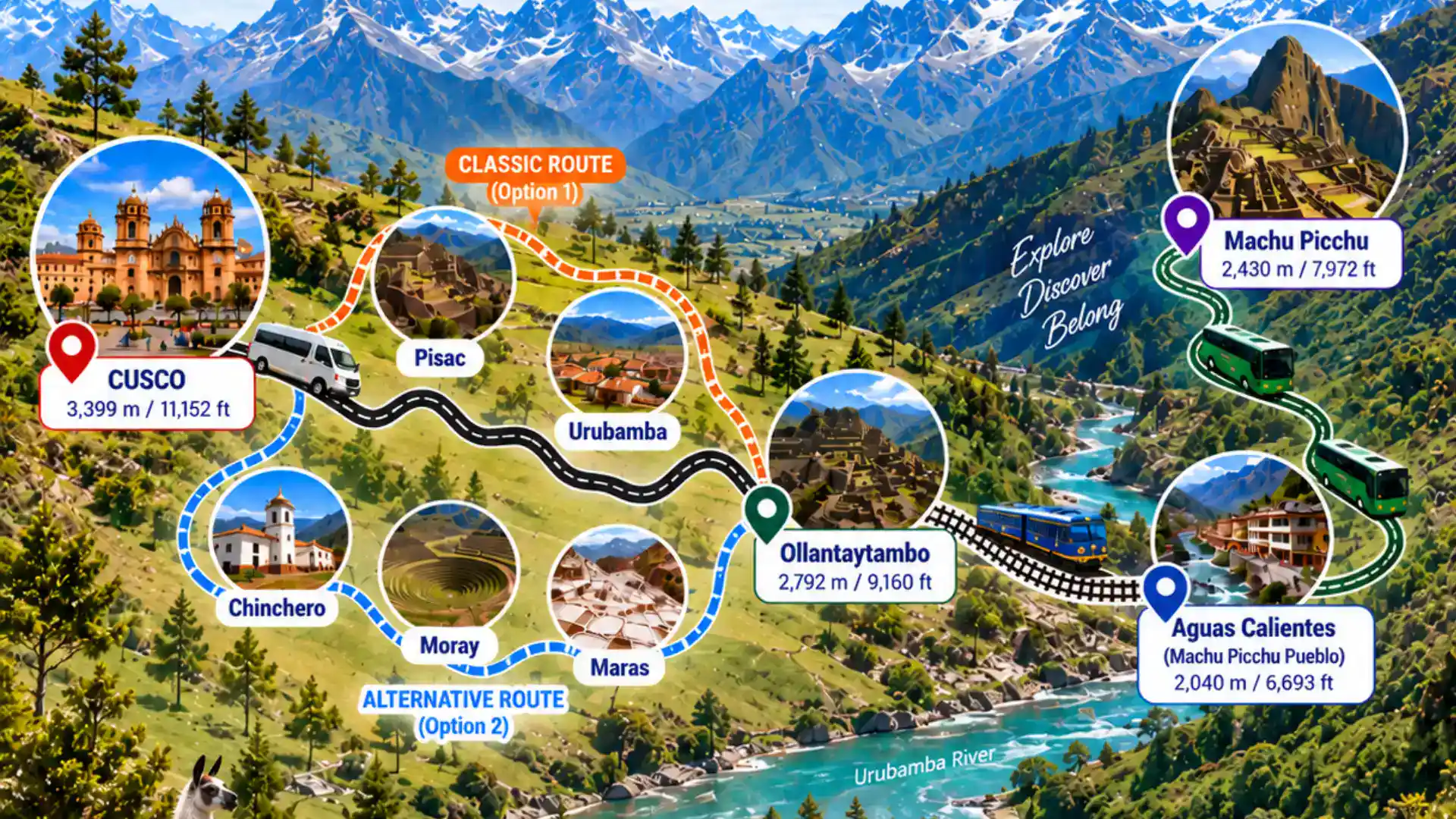 Machu Picchu Sacred Valley private tour 2-day route map from Cusco to Sacred Valley, Ollantaytambo, Aguas Calientes and Machu Picchu