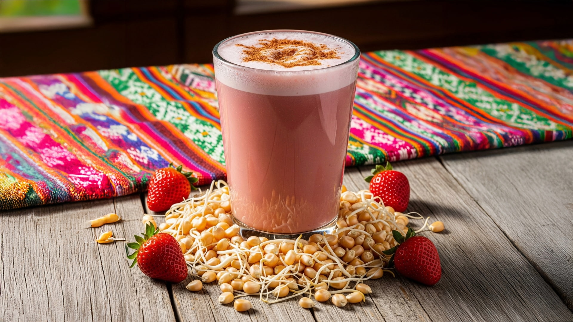 Pink Andean drink garnished with cinnamon, surrounded by sprouted corn and fresh strawberries on a rustic wooden surface – Magical Cusco Travel Agency