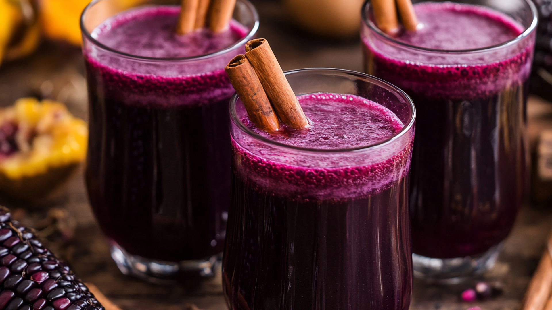 Glasses of Andean drinks made from purple corn, each garnished with a cinnamon stick and served in a cultural setting – Magical Cusco Travel Agency