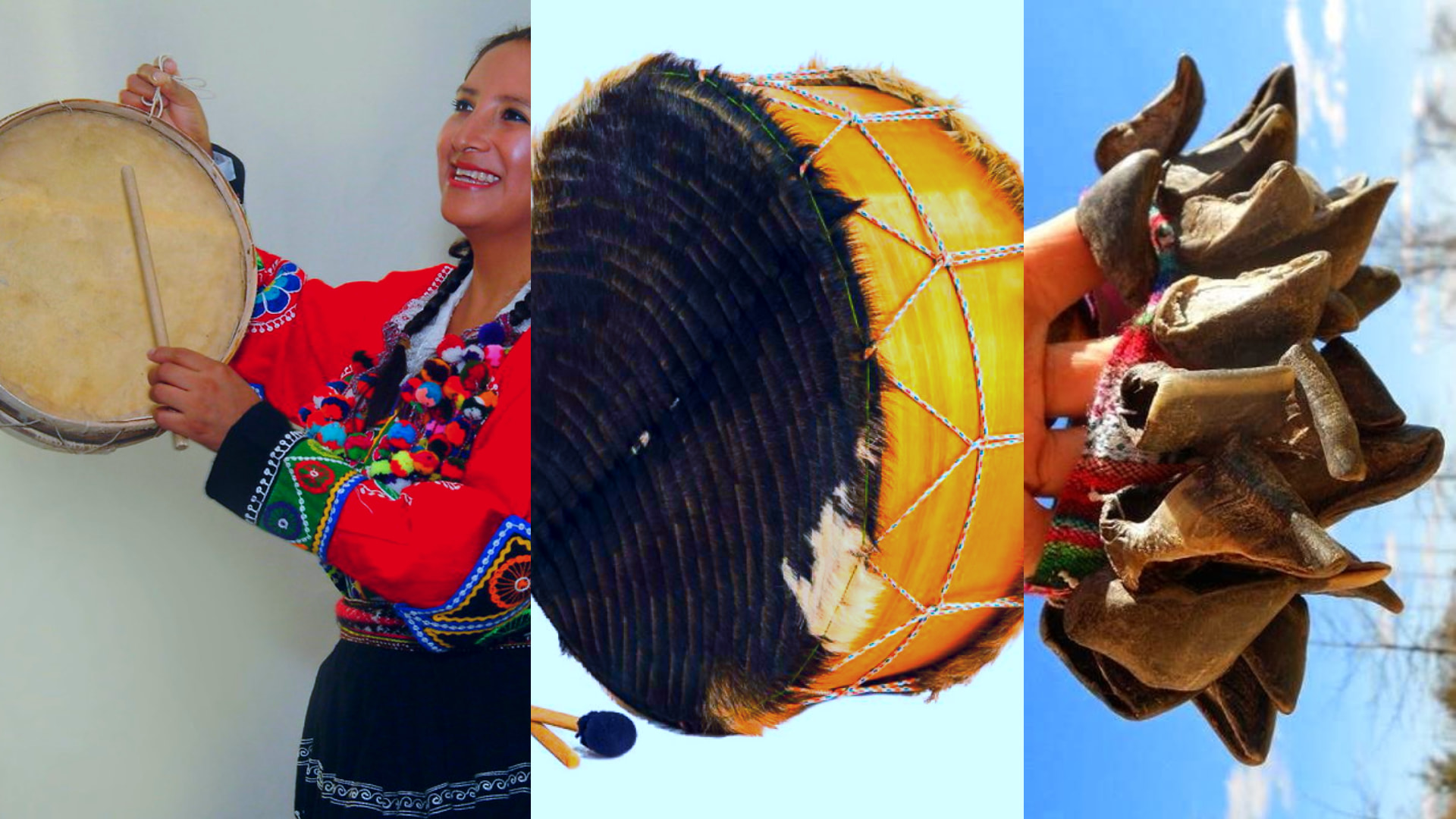 Close-up of Inti Raymi instruments including a handmade drum and hoof rattles, used in Andean ceremonial music – Magical Cusco Travel Agency