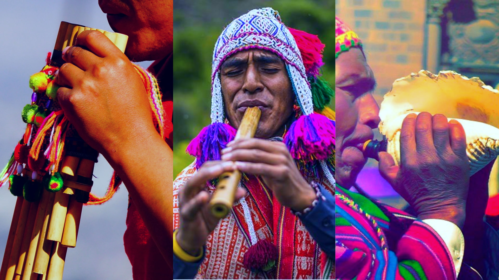 Musicians playing Inti Raymi instruments including pan flute, wooden flute, and conch shell in traditional attire – Magical Cusco Travel Agency
