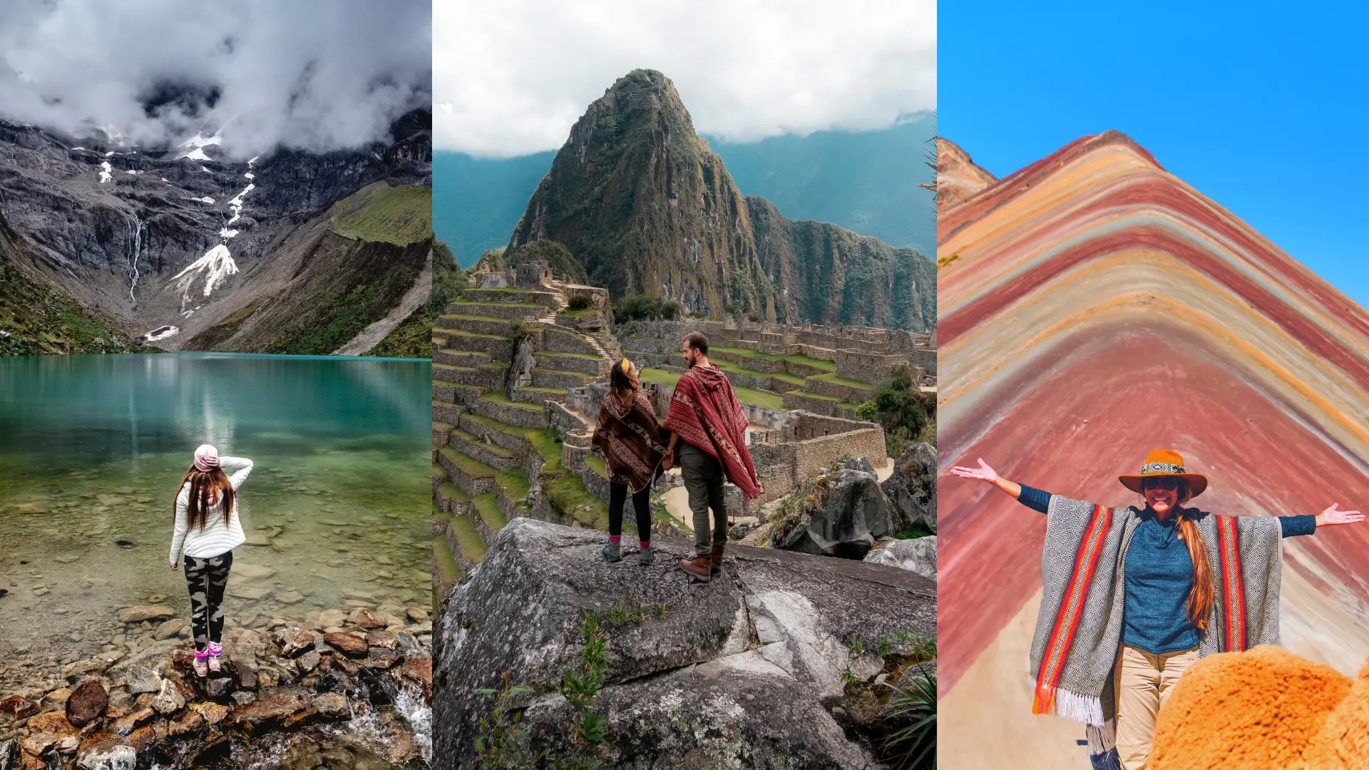 Un tríptico de las mejores experiencias en Cusco: una mujer en la laguna de Humantay, una pareja en la ciudadela de Machu Picchu y un viajero posando con una llama en la Montaña de los Siete Colores. - Magical Cusco Travel Agency