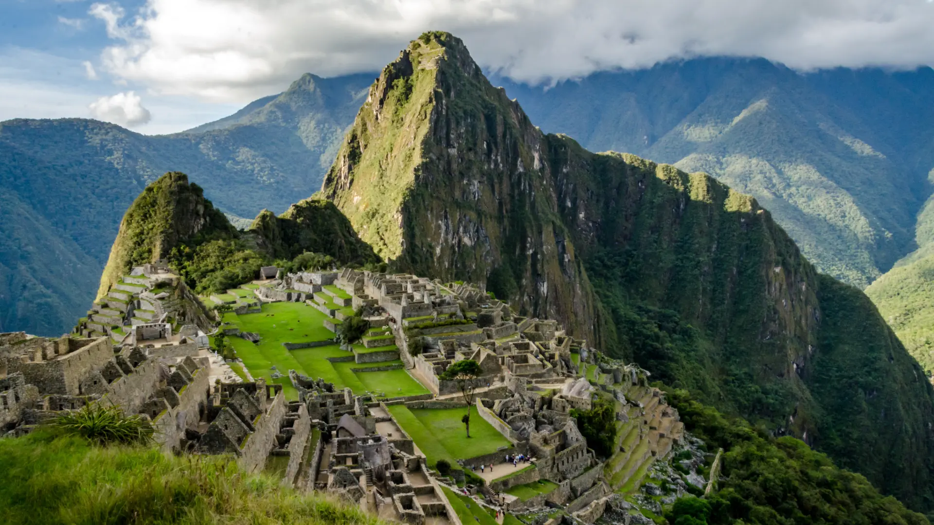 Panoramic view of the ancient Machu Picchu citadel and Huayna Picchu mountain, showcasing the iconic Face of Machu Picchu formed by the mountain range. - Magical Cusco Travel Agency