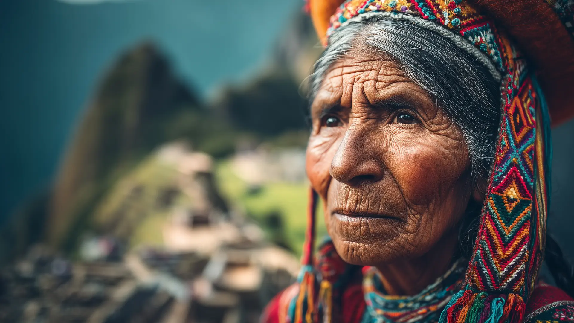 A close-up portrait of an elderly Andean woman in traditional clothing, with a blurred view of Machu Picchu in the background, representing the human Face of Machu Picchu and its cultural heritage. - Magical Cusco Travel Agency
