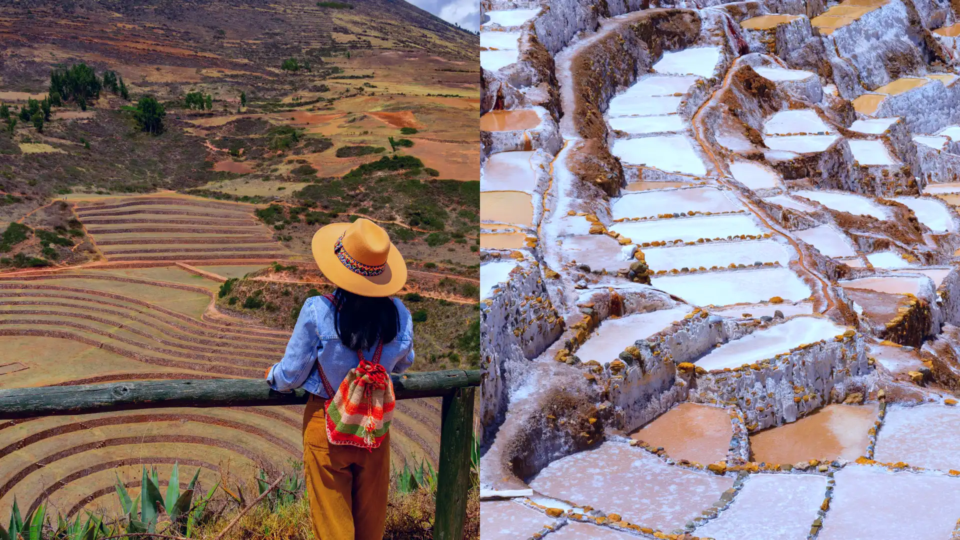 A split image with an aerial view of the circular Moray terraces on the left and the colorful pools of the Maras Salt Mines on the right. - Magical Cusco Travel Agency