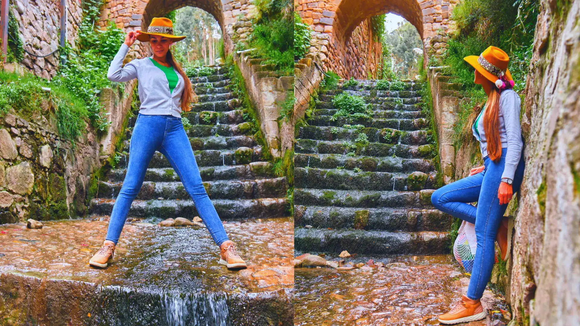 A woman in a hat and jeans posing on a stone path with a small stream and picturesque arched bridges, a beautiful scene for Walking Cusco. - Magical Cusco Travel Agency