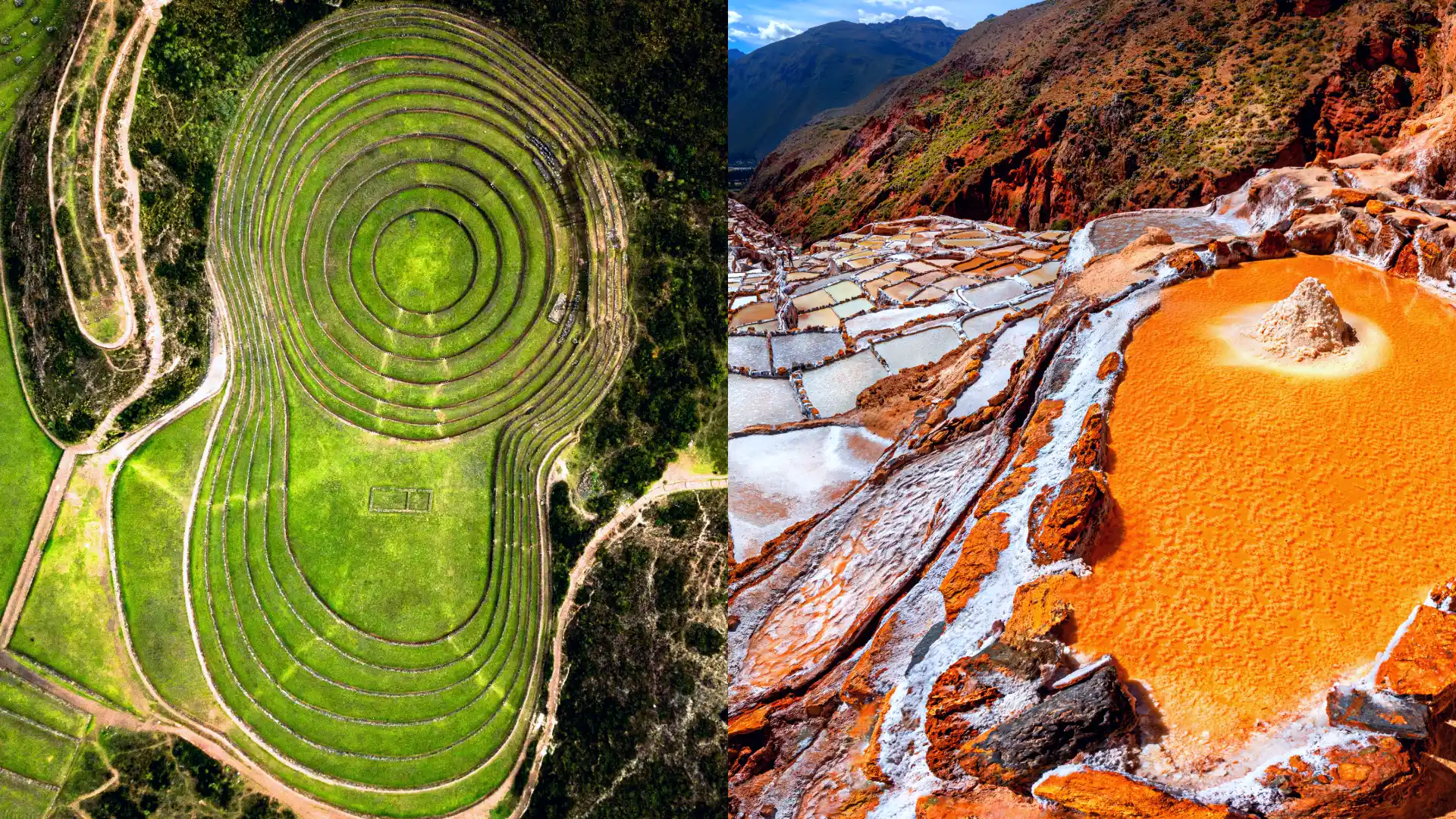 A traveler looking at the ancient agricultural terraces of Moray on the left, and the salt-producing pools of the Maras Salt Mines on the right. - Magical Cusco Travel Agency