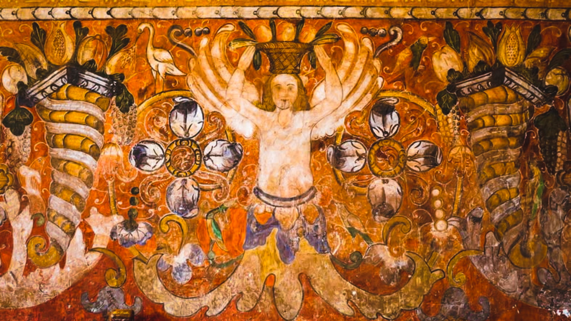 A detail of the intricate, gold-leaf Andahuaylillas Murals inside the church, showcasing the fusion of Andean and European Baroque artistic styles. - Magical Cusco Travel Agency