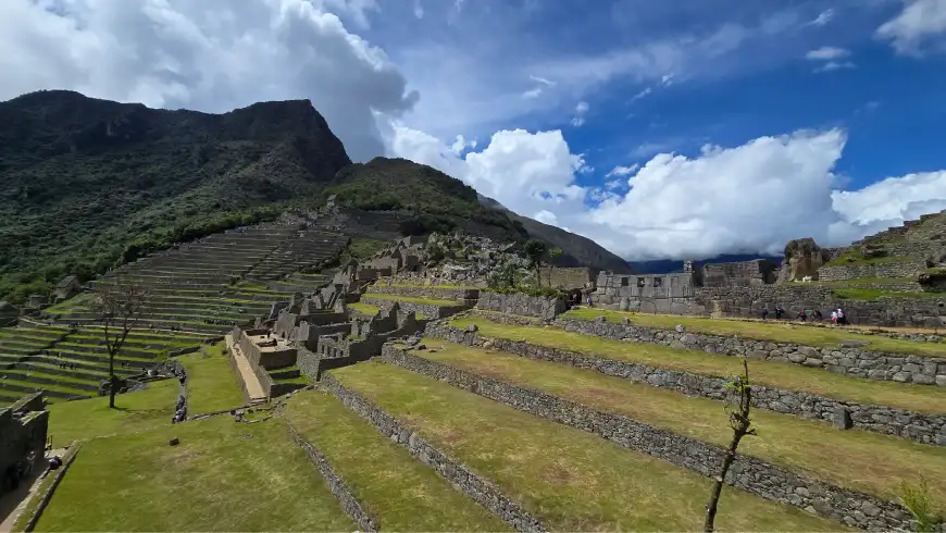 Lush green mountains surrounding Machu Picchu in wet season
