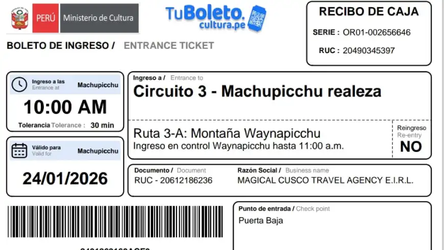 Machu Picchu ticket control to machupicchu realeza and wuayna picchu